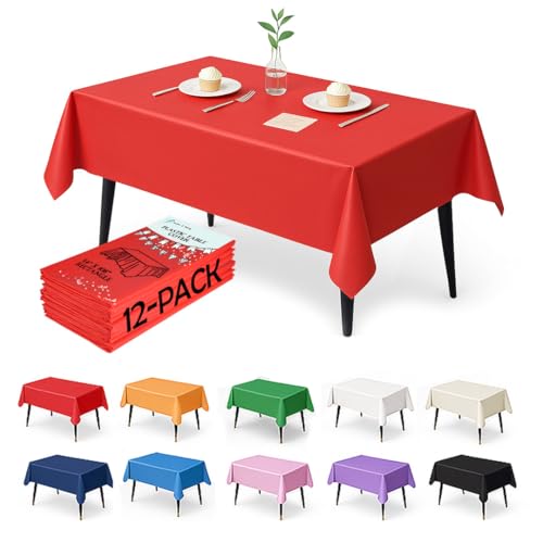 Craft And Party 12-Pack Red Plastic Tablecloths – 54 x 108 Inch Disposable Table Covers for Rectangle Tables, Heavy Duty & Waterproof for Parties, Events, Banquets, Red