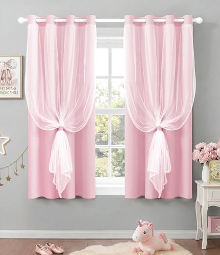 Image of 100% Blackout Curtains with Sheer Overlay, Pink, 52 x 63 inch, 2 Panels | For Girls Bedroom Living Room Window Decor, Room Darkening, Thermal Insulated, Grommet Top, Heat Blocking, Cute Layered