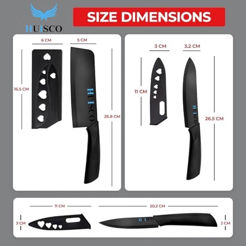Image of 3-Piece Knife with Cover | High Carbon Stainless Steel Professional Chef Utility Santoku Knifes for Kitchen Restaurant | Ultra Sharp Chopping Slicing Cutting Knives | Ergonomic Non-Slip Handle