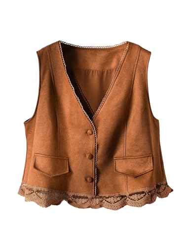 OYOANGLE Women's Plus Size Faux Suede Button Down Blazer Vests V Neck Embroidered Western Cowgirl Vest