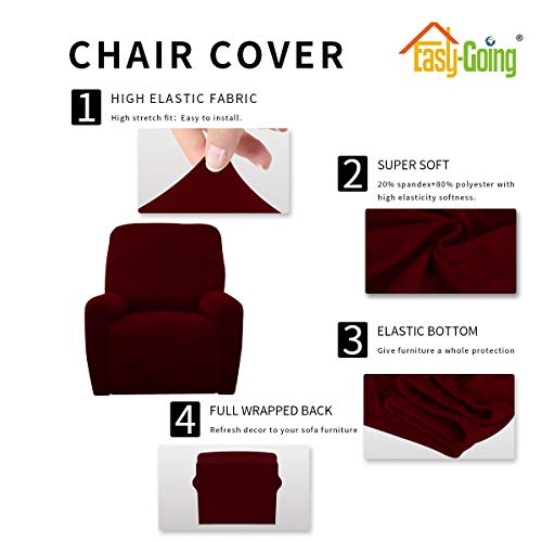 Image of Easy-Going 4 Pieces Microfiber Stretch Recliner Slipcover - Spandex Soft Fitted Sofa Couch Cover, Washable Furniture Protector with Elastic Bottom for Kids, Pet(Recliner, Wine)