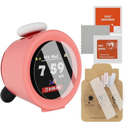 Liquid Silicone Case and 2 Pack HD Films for Nintendo Sound Clock Alarmo, Transparent HD Clear Screen Protector Compatible with Alarmo Nintendo, High Definition Anti-Scratching Anti-Fingerprint (Pink)