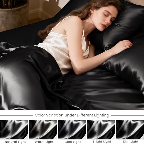 Image of Love's cabin Satin Full Sheets Set - 6 Piece Black Silky Bed Sheets Set with Deep Pocket, Luxury Silk Feel Satin Full Size Sheet Set (1 Flat Sheet,1 Fitted Sheet,4 Pillow Cases)