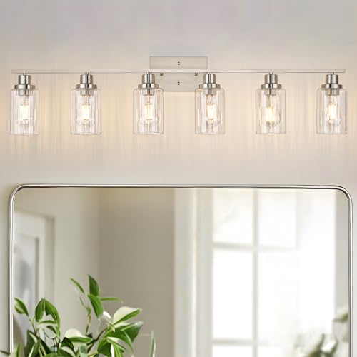 Image of Jonsi Brushed Nickel Bathroom Light Fixtures, 6-Light Brushed Nickel Vanity Light, Bathroom Vanity Light with Stripe Glass Shade, E26 Wall Sconces Over Mirror for Bathroom, Living Room, Hallway