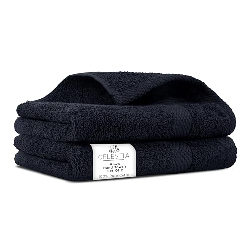 Image of Cotton Hand Towels Set of 2, 16 x 28, Oeko-TEX Certified, Quick Dry, Black