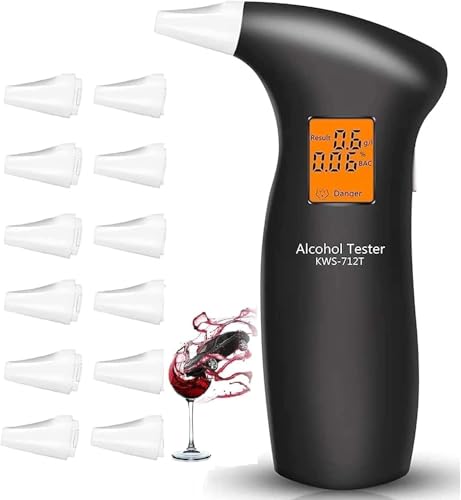 RUTIDA Alkoholtester, Alkoholmessgeräte Polizeigenau mit 12 Mundstücken, Professioneller Alkohol Tester Promillemessgerät mit Digitaler LCD-Anzeige und Halbleiter Sensorik