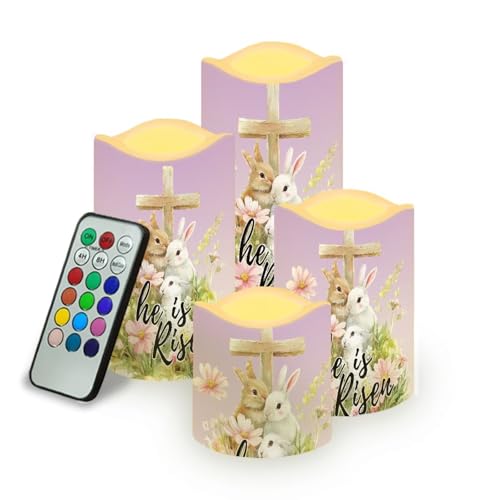 Image of Bunny and Cross Plastic Flameless Candles with Remote Control and Timer LED Flickering Battery Operated Color Changing Electric Pillar Candles Easter Decoration