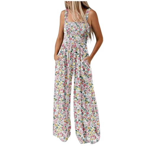 Keepink Women Jumpsuit Elegant Ladies Dungarees Smocked Baggy Wide Leg Rompers Floral Bohemian Pants Sleeveless Strappy Overall with Pocket Loose Casual Playsuit for Summer Holiday Beach