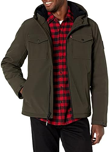 Levi's Men's Soft Shell Two Pocket Sherpa Lined Hooded Trucker Jacket, Olive Tech, Large