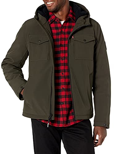 Levi's Men's Soft Shell Two Pocket Sherpa Lined Hooded Trucker Jacket, Olive Tech, Large #TOP12
