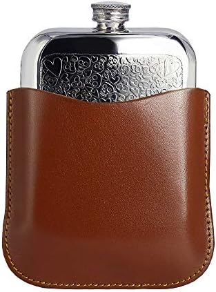 Wentworth Pewter Flask Tin Hip Flask-Love Skull Pocket Flask w/Brown Leather Pouch -846LS- 6oz/170ml (Approx.) Lead-Free Pewter Handmade in UK