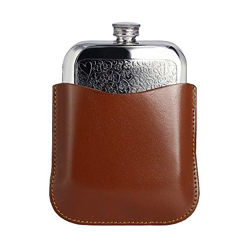 Wentworth Pewter Flask Tin Hip Flask-Love Skull Pocket Flask W/Brown Leather Pouch -846Ls- 6Oz/170Ml (Approx.) Lead-Free Pewter Handmade In Uk #TOP2