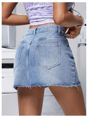 Floerns Saia jeans feminina casual cintura baixa bainha franja verão saias jeans, Azul, PP