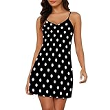 Sexy Nightgown Satin Slip Dress for Women Nighties Chemise Negligee Lingerie Babydoll Sleepwear Polka Dot Print L Black White