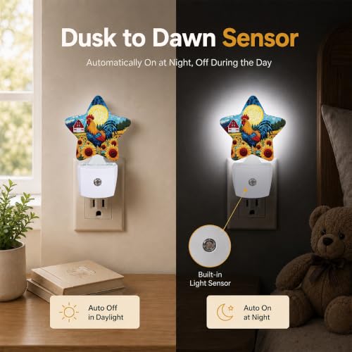 Image of Rooster Sunflower Star Night Light Plug in, Soft Glow Night Light for Kids Bedroom Nursery, Gentle Warm Light for Sleep, Compact Lamp for Hallway Bathroom