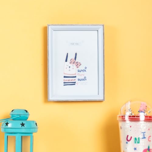 Image of Decorative Wooden Photo Frame 4x6, Blue & Natural Frame for Kids Room, Cute Bunny Illustration Picture Frame, 20cm x 15cm, Tabletop & Wall Display