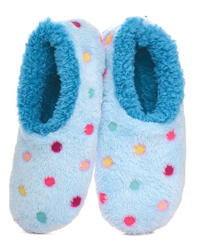 Snoozies Women's Slipper Socks, Blue, X-Large with Lotsa Dots, Sherpa Fleece Lined