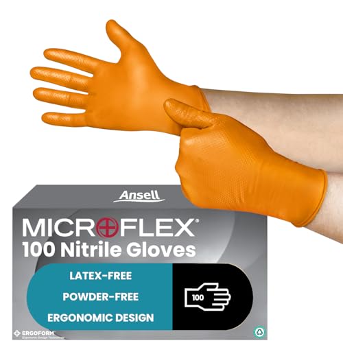 Ansell MicroFlex 93-256 Nitrile Disposable Gloves for Mechanics, Food Handling, Multipurpose, Orange Size XL (100 Pieces)