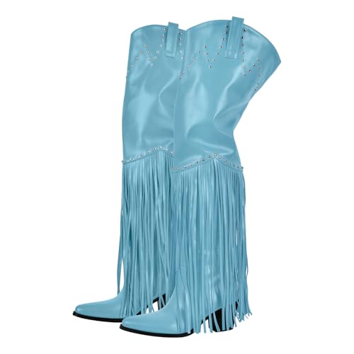 Image of richealnini Western Thigh High Cowboy Boots with Fringe Over Knee Wide Calf Cowgirl Boots