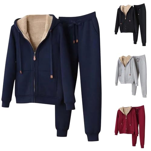 Image of AnnSemo Fleece Lined Tracksuit Womens Full Set 2 Piece outfits Sherpa sweatsuit Sets UK Co Ord Set Ladies loungewear gym Co ord Activewear Jogger Sets Outwear