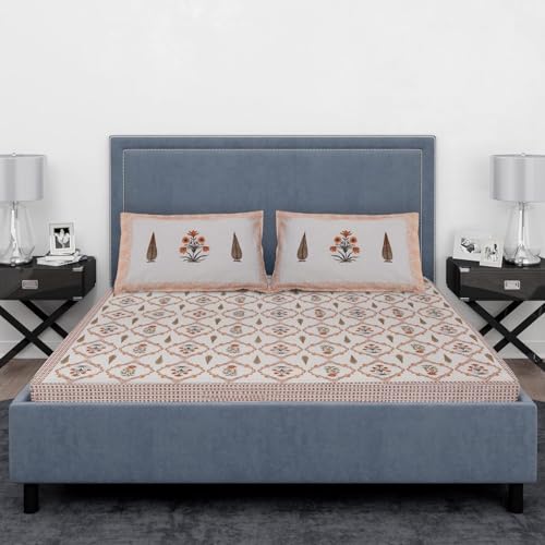 Image of Authentic Bagru Handmade 100% Cotton King Size Bedsheet, 220 TC Double Bed with 2 Pillow Covers. The bedsheet Measures 108 X 108 inches Orange