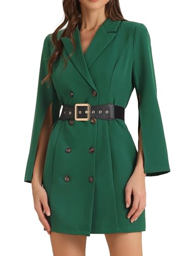 Image of Allegra K Womens Work Dresses Slit Sleeve 2025 Fall Belted Double Breasted Business Blazer Dress X-Large Green