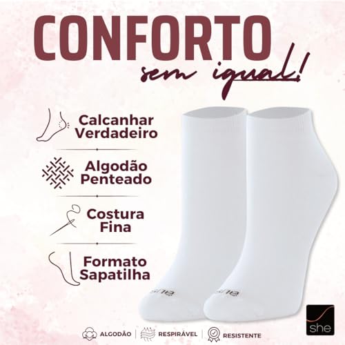 Kit 09 Pares Meias Sapatilha She by Mash Cano Curto Feminino | 9 Brancas | 34-39