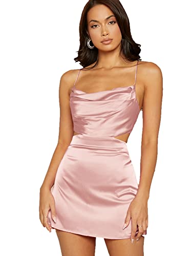 Verdusa Women's Open Back Cowl Neck Satin Cami Bodycon Dress Light Pink S