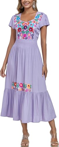 Image of Women's Summer Maxi Dress Casual Floral Embroidered Round Neck Short Sleeve Ruffle Tiered Dress Flowy Boho Beach Sundress