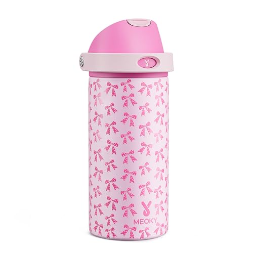 Image of 18 oz Kids Water Bottle for School: Meoky 18 oz Stainless Steel Insulated Water Bottle with 2-in-1 Straw and Spout Lid - Leak Proof, Fits in Car Cup Holder, BPA-Free for Teen Girls, Pink Bows