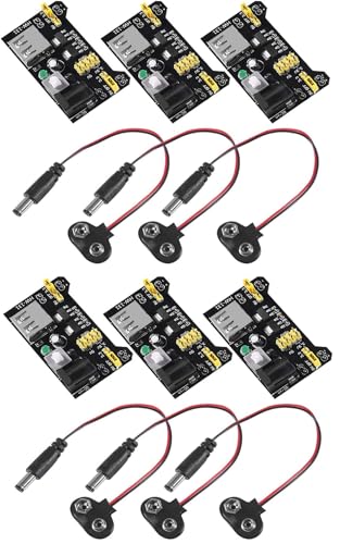 DUBEUYEW 3.3V 5V MB102 Solderless Breadboard Módulo de Fuente de Alimentación con Clip de Batería de 9V Cable de Alimentación 2.1x 5.5mm Macho DC Jack Plug para Arduino(6 Pcs
