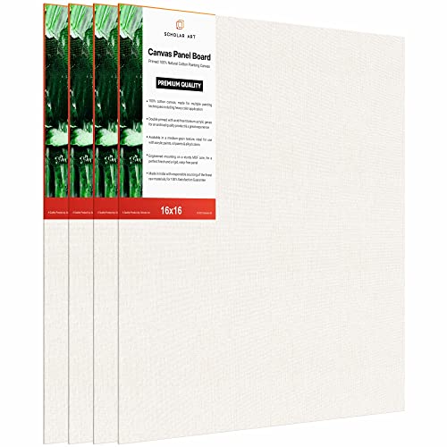 Image of Scholar Art Hobby Series 04 Oz (230 GSM) 100% Cotton Canvas Panel Board for Painting (White Blank Canvas Boards for Acrylic Paint, Oil Paint, Wet & Dry Media) | 16 inchx16 inch (40x40 cm), Pack of 4