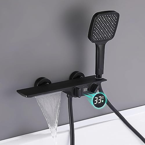 Awolsrgiop Badewannenarmatur Schwarz - Wasserfall Design Mit Handbrause, Messing