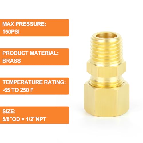 GASHER 5PCS Brass Compression Tube Pipe Fitting Connector, 5/8" Tube OD x 1/2" NPT Male Connector by GASHER - Used condition - Image 3