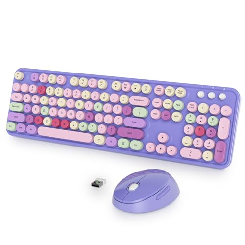 Image of Fogruaden Purple Keyboard and Mouse Wireless, Retro Typewriter Keyboard, 2.4GHz 104 Keys Full Size Cute Keyboard with Number Pad, Purple Colorful Keyboard with Round Keycap for Windows PC Laptop