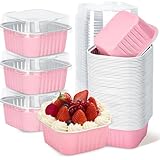 ylnurac 30Pack 5oz Pink Mini Cake Pans with Lids Baking Cups Aluminum Foil Pans Tins, Individual Dessert Cups Containers for Sales,Party,Picnics