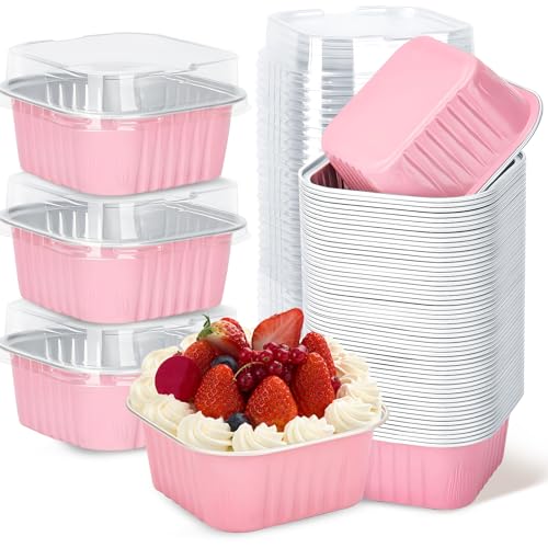 ylnurac 30Pack 5oz Pink Mini Cake Pans with Lids Baking Cups Aluminum Foil Pans Tins, Individual...