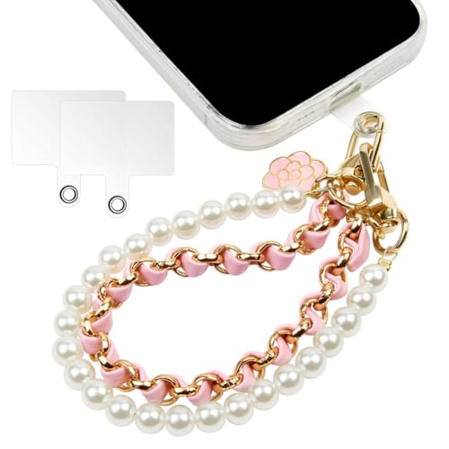 OFFCUP Dragonne de Téléphone, Perle Chaîne Portable Charme Anti-Perte Longe avec Chaîne en Cuir Métallique et Fleur, Bracelet avec 2 Patchs Arrière