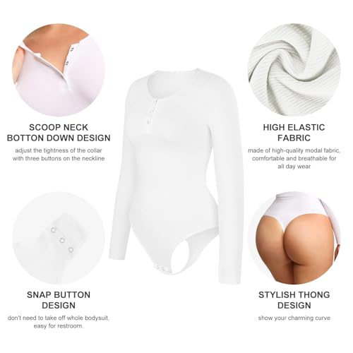 Image of Popilush Long Sleeve Shapewear Bodysuit Tummy Control Henley Button Up Modal Scoop Neck Body Suit Tank Tops