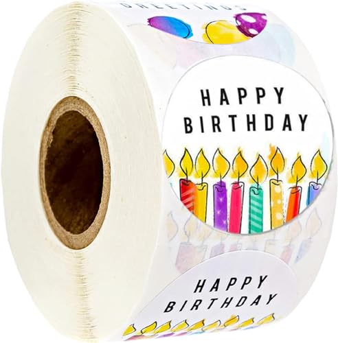 Happy Birthday Stickers Round Happy Birthday Stickers Waterproof Self Adhesive Stickers Happy Birthday with 500 pcs Label Rolls (1.5 Round - 500 Labels Per Roll) for Party Decoration Adults