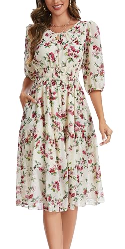 Image of Kormei Women Casual Boho Floral Round Neck 3 /4 Sleeve Smocked Waist Tiered A Line Flowy Swing Midi Dress Long Dresses