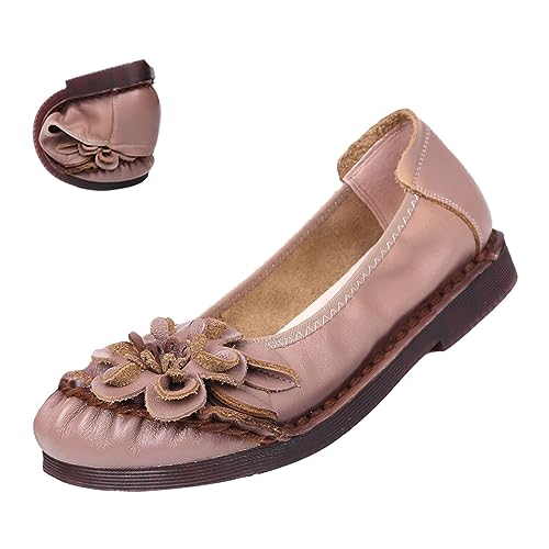 Women's Vintage Flower Leather Slip On Ballet Flats,Lightweight Comfort Non-Slip Ox Softsole Casual Dressy Pumps