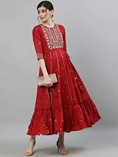 Image of Ishin Women's Cotton Regular Fit Anarkali Embellished Zari Embellished Print Red Kurti