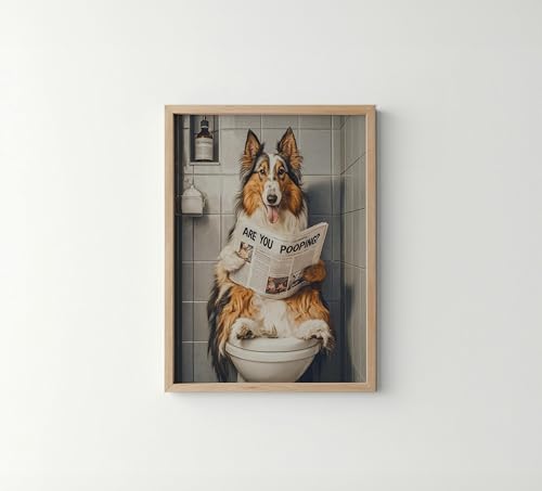 Image of Collie on Toilet Wood Framed Wall Art Print Poster, Dog Bathroom Humor Decor Posters Prints for Restroom Home Picture Painting Artwork Gallery 7 (Collie, 14 inchL x 11 inchW, Wood Frame)
