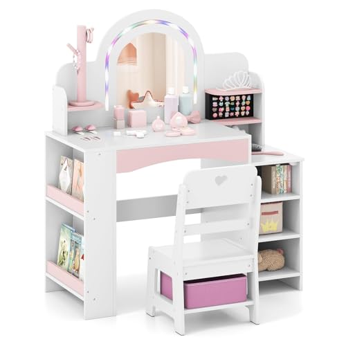 FANTASK 2 in 1 Schminktisch Kinder Set Schreibtisch Holz mit Buntem Spiegel & Bücherregal Prinzessin Frisiertisch mit Regalen Schmuckhalter & Stoffbox Kosmetiktisch für Mädchen ab 3 Jahren (Weiß)