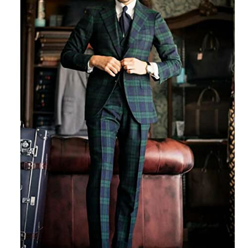 Men Green Plaid Blazer Vintage Checkered Slim Fit Prom Tuxedo Grooms Wedding Fashion 3 Pieces Suit Jacket Pants Vest3