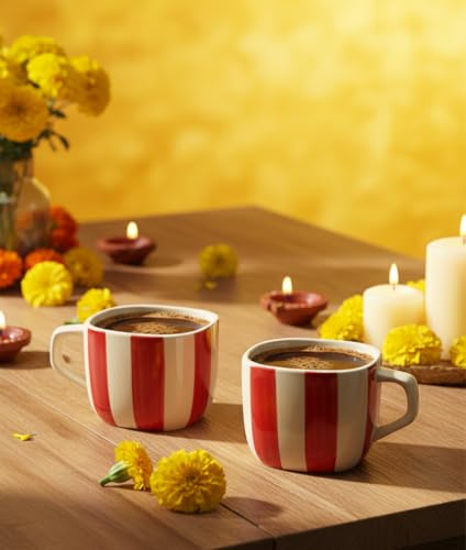 Image of DATA Ceramic Zen Stripes Hand Painted Coffee Mugs in Red Lines, Set of 6, 199 Ml