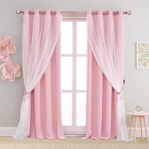 SOFJAGETQ Short Pink Curtains 63 Inch Long- Blackout Curtains with Voile Sheer Drapes Thermal Pink Window Treatments with Tie-Backs for Kids/ Girls Bedroom Nursery Living Room, Elegant, 2 Panels