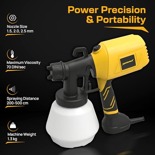 Image of Tomahawk EPS-C10 550W Electric Paint Sprayer with 100% Copper Motor, 1000ml Tank, 3 Nozzles (1.0 /1.8 /2.5mm), HVLP High Flow 800ml /min for Home & DIY Painting (Yellow)