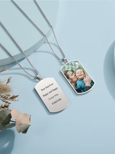 PiercingJak Personalisierte Dog Tag Halskette Foto Text Beidseitig Gravur Edelstahl Hundemarke Anhänger mit 24'' Kette Memorial Schmuck Liebe Freundschaft Geschenke für Damen Herren
